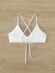 Swim Basics Summer Beach Plain Ruched Criss Cross Back Bikini Top - White - View 2