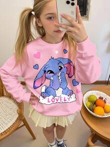 SHEIN Leap Crew 可爱卡通蓝兔露露，复古缝线图案，清新奶油色，少女休闲宽松圆领舒适长袖卫衣，适合秋冬季返校季，2000年代风格，Y2K服装，韩版风格，秋季服装，返校季，冬季服装，Grunge Kawaii风格女童可爱卫衣，青少年可爱卫衣，兔子卫衣，粉色兔子卫衣 - 彩色 - 查看 5