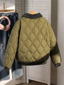 Teen Girl Casual Thickened Padded Coat, Black Furry Collar & Lining, Military Green Ribbed Cuffs & Hem, Suitable For Autumn/Winter Outings, Walking, Commuting, Traveling, Can Be Paired With Long Sleeve Sweaters, Pants - Army Green - View 2