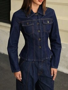 Jeanoix Women's Solid Color Minimalist Everyday Long Sleeve Denim Jacket