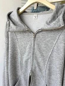 SHEIN 青少年女孩灰色前拉链长袖连帽衫，带口袋，休闲简约 - 淺灰色 - 查看 3