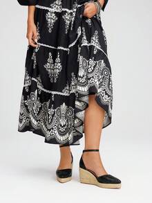 Styleloop 女士简约踝带帆布鞋，度假松紧带，后拉链，仿皮圆头镂空金属扣，黑色编织厚底坡跟凉鞋，适合度假、万圣节、圣诞节、秋季 - 黑色 - 查看 4