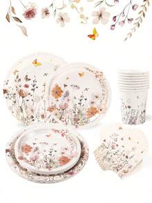 40 件/套野花主题派对装饰一次性餐具，水彩野花蝴蝶派对餐具套装，包括 8 个 7 英寸和 9 英寸一次性纸盘、8 个纸杯、16 个餐巾纸、纸餐具适合家庭节日派对春季餐具风格生日用品、派对礼物 - 野花主題 - 查看 2