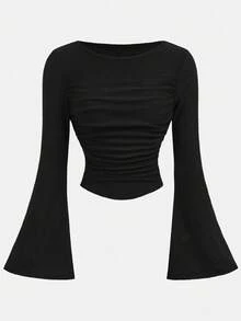Girlism Áo thun tay dài dáng rộng cổ điển thanh lịch, nhún eo cho bé gái tuổi teen, áo cánh đa năng - màu đen - Xem 1