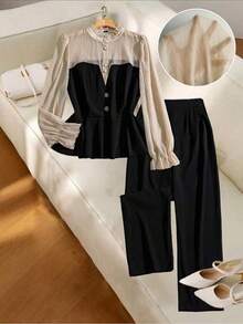 GlowEve CURVE 大码女式透视拼接立领荷叶边下摆系带长袖优雅百搭衬衫 + 纯色宽松裤轻盈法式通勤约会两件套 - 黑色 - 查看 5