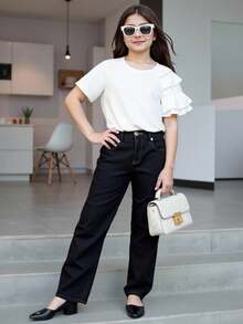 SHEIN 少女圓領短袖t恤,配有荷葉邊飾邊