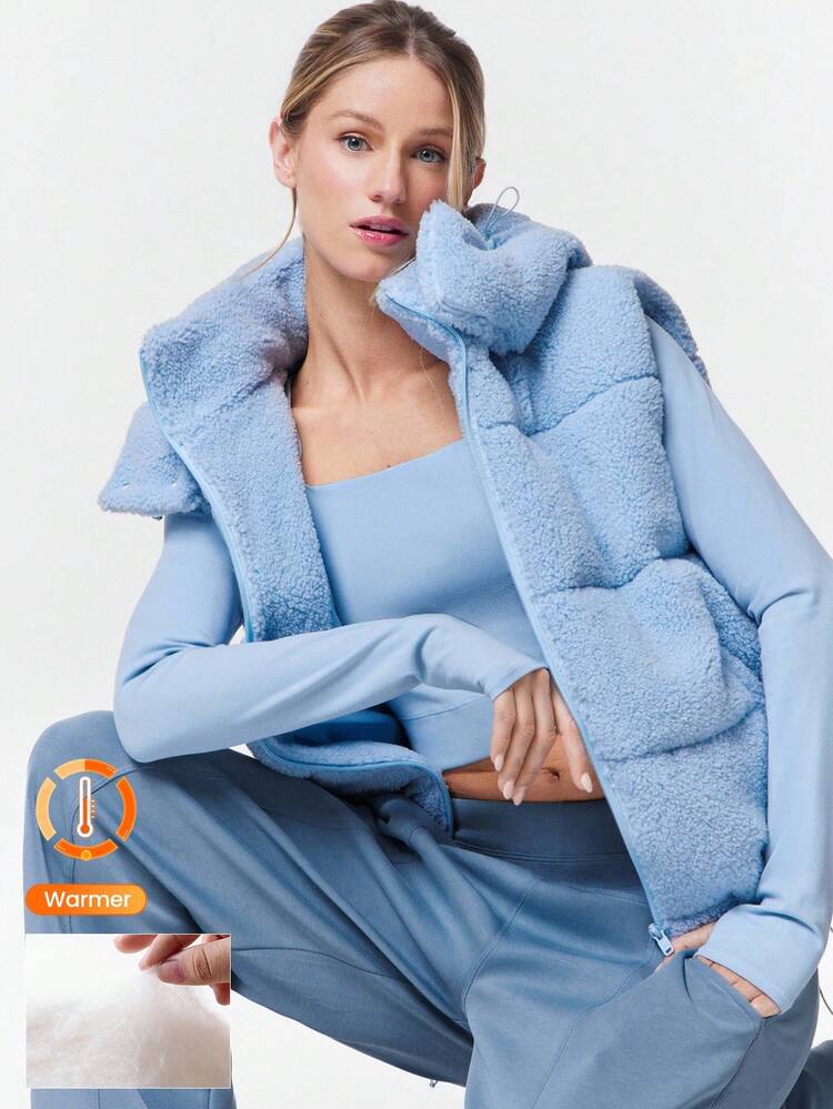 Miękka, ciepła kamizelka z polaru z kieszeniami bocznymi, odpinany kaptur, codzienna, jesienno-zimowa, ciepła