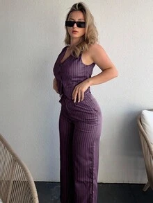 Jeta Ari 女款休闲条纹背心+女款休闲西装裤 - 紫色 - 查看 6