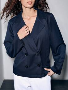 Lumivelle 复古小众西装领双排扣宽松休闲短款长袖风衣外套女，女士双排扣长袖翻领夹克外套，秋季女短款夹克风衣，时尚简约百搭双排扣短款风衣外套，双排扣翻领长袖短款外套外套 - 藏蓝色 - 查看 4