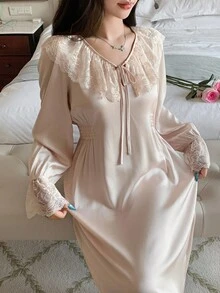 DAZY 迷人缎面蕾丝边收腰长款女士睡裙，秋季睡衣，冬季