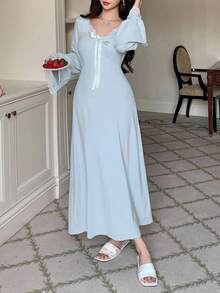 DAZY 女士浪漫腰部收紧蕾丝拼布拉绒长睡袍，秋冬，秋季睡衣 - 藍色 - 查看 4