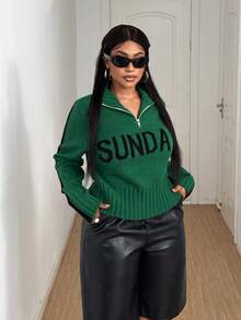 Maweii Suéter de mujer talla grande con cremallera y gráfico de letras, verde, para otoño e invierno - Verde - Ver 4