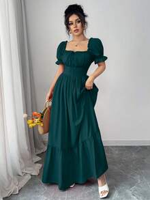 Rafferiza Women's Square Neck Puff Sleeve Front Tie Backless Cinched Waist Dress