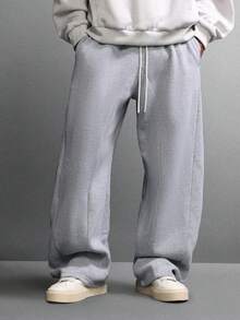 SUMWON Weite Passform Zugband Jogginghose, schweres Gewicht mit Paneelen, weite Beine, gemütlicher Winterloungewear, lässiger Alltagskomfort, unifarben - Grau - Übersicht 1