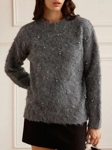 GENKIRA Women's Elegant Faux Pearl Decor Loose Fluffy Knit Pullover Sweater, Autumn/Winter - Dark Grey - View 5