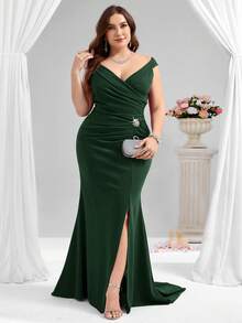 Coutiva Vestido de noche elegante con decoración de flores 3D de strass y drapeado para mujer de talla grande (con mucho bordado) - Verde Oscuro - Ver 4