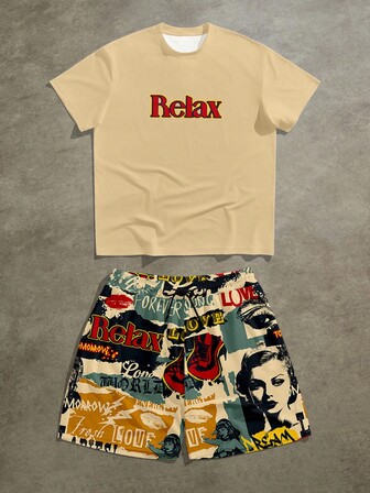 Manfinity Roghcode Men's Letter Print T-Shirt And Printed Shorts Set