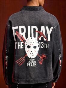 ROMWE MEN Friday the 13th X ROMWE Men's Letter & Mask Graphic Casual Long Sleeve Denim Shirt - Black - View 2