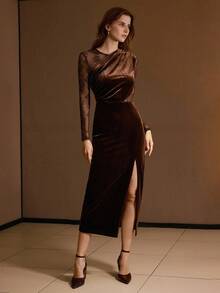 MOTF PREMIUM SPLIT THIGH CONTRAST MESH DRESS