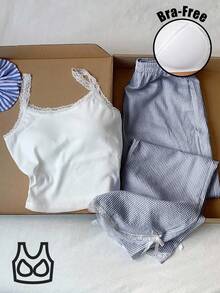 Comfortcana 2 件套女式休闲蕾丝花边吊带背心和蓝白条纹裤，返校季 2 件套 - 藍白色 - 查看 6