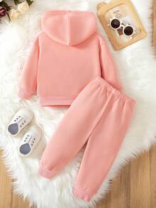 两件套女婴加州字母印花休闲羊毛连帽卫衣和裤子套装，秋冬 - 藕粉色 - 查看 2