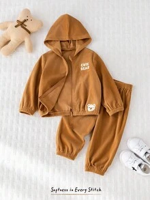Cozy Pixies 2pcs Baby Boy Cartoon Bear Hooded Long Sleeve Pullover Jacket And Elastic Waist Long Pants Set Fall Winter - Brown - View 3