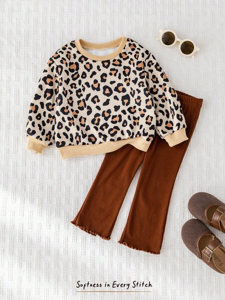 Cozy Pixies 2pcs Baby Girl Leopard Print Knit Soft Crew Neck Long Sleeve Pullover Sweatshirt And Solid Color Elastic Waist Pants Set Fall Winter - Multicolor - View 1