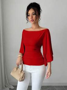 Elenzga Elegant Off Shoulder Bell Sleeve Solid Color T-Shirt For Women, Suitable For Commuting - Red - View 6
