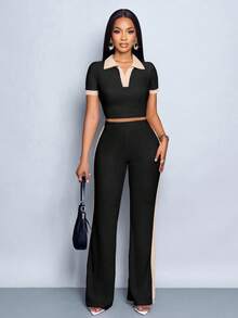SOLERSUN Women's Summer Casual Color Block Polo Collar Short Sleeve T-Shirt Flared Pants Women 2pcs Set - Black - View 6
