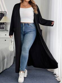 SHEIN CURVE+ Curve 大码/秋装/秋季女装/女冬装/冬装大码休闲日常纯橙色宽松口袋长款开衫毛衣外套，女装，春秋秋季女装，冬季，CURVE PLUS 大码开衫大码女装 8xl 女装 Curve 秋装 - 黑色 - 查看 6