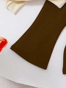 SHEIN Vintaside Kids 2 piezas Conjunto de niña, sudadera de cuello redondo de manga larga con estampado floral y de letras y pantalones acampanados con estampado de conejo, lindo y casual para salidas de otoño/invierno - Multicolor - Ver 5