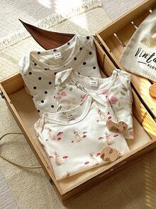 Vintaside Kids 3 Potong Set Bodysuit Bayi Perempuan, Gaya Pedesaan Modis Serbaguna Cocok untuk Semua, Bodysuit Lengan Panjang Motif Kelinci & Jamur Lucu, Cocok untuk Musim Semi, Musim Gugur & Musim Dingin - MultiWarna - View 1