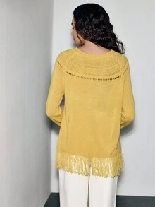 Lumivelle Jacquard Knit Top With Fringe Hem Fall Winter Cloth For Women - Yellow - View 2
