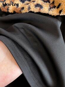 2pcs/Set Teen Girl Off Shoulder Fitted Long Sleeve T-Shirt With Flannel Leopard Print Collar And Elastic Waist Flared Pants, Casual Outfit For Autumn Fall Winter - Black - View 6