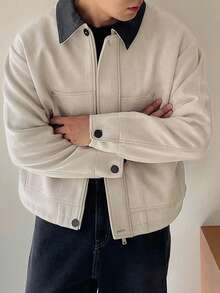 DAZY Men's Patchwork Collar Suede Fabric Beige Jacket And Coat, Autumn