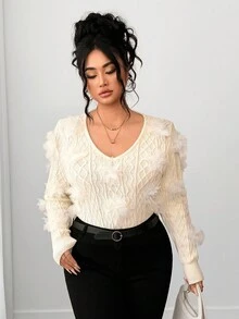 Elenzga Plus Size Women V-Neck 3D Floral Long Sleeve Pullover Sweater, Autumn Fall Winter Cloth For Women