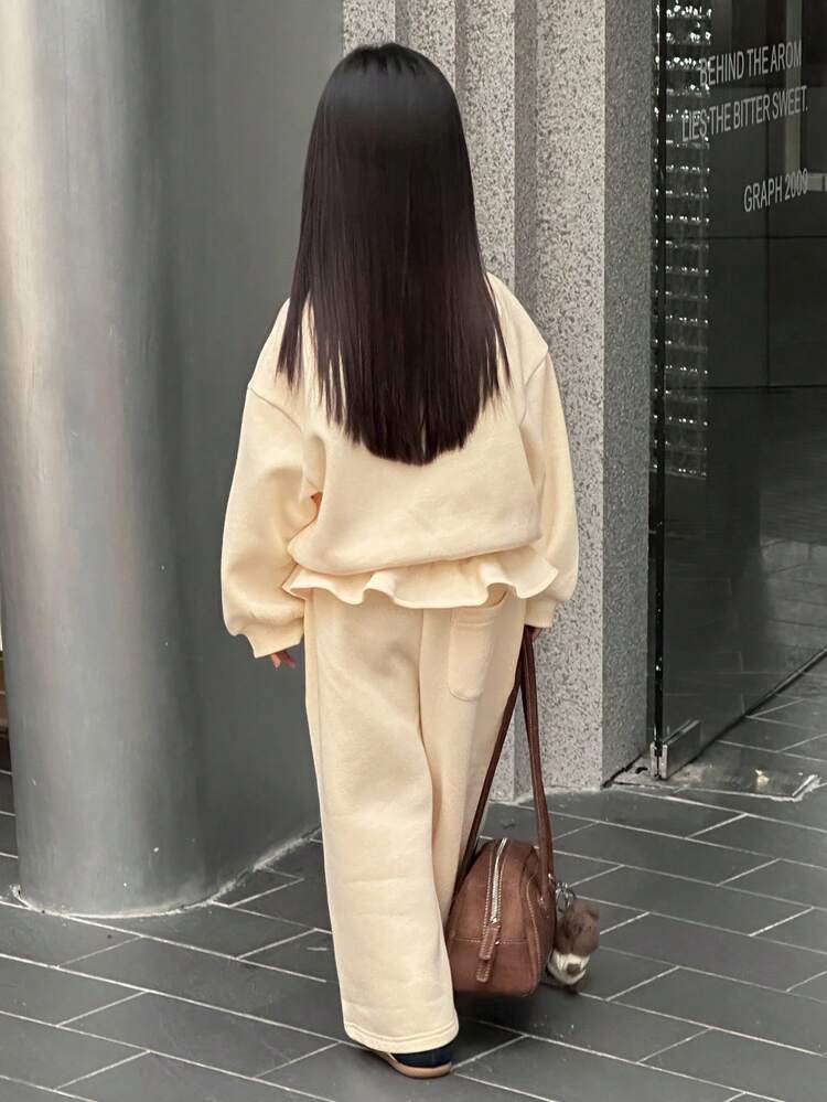 2pcs/Set Young Girl Solid Color Casual Long Sleeve Sweatshirt And Loose Fit Sweatpants Set Fall, Winter