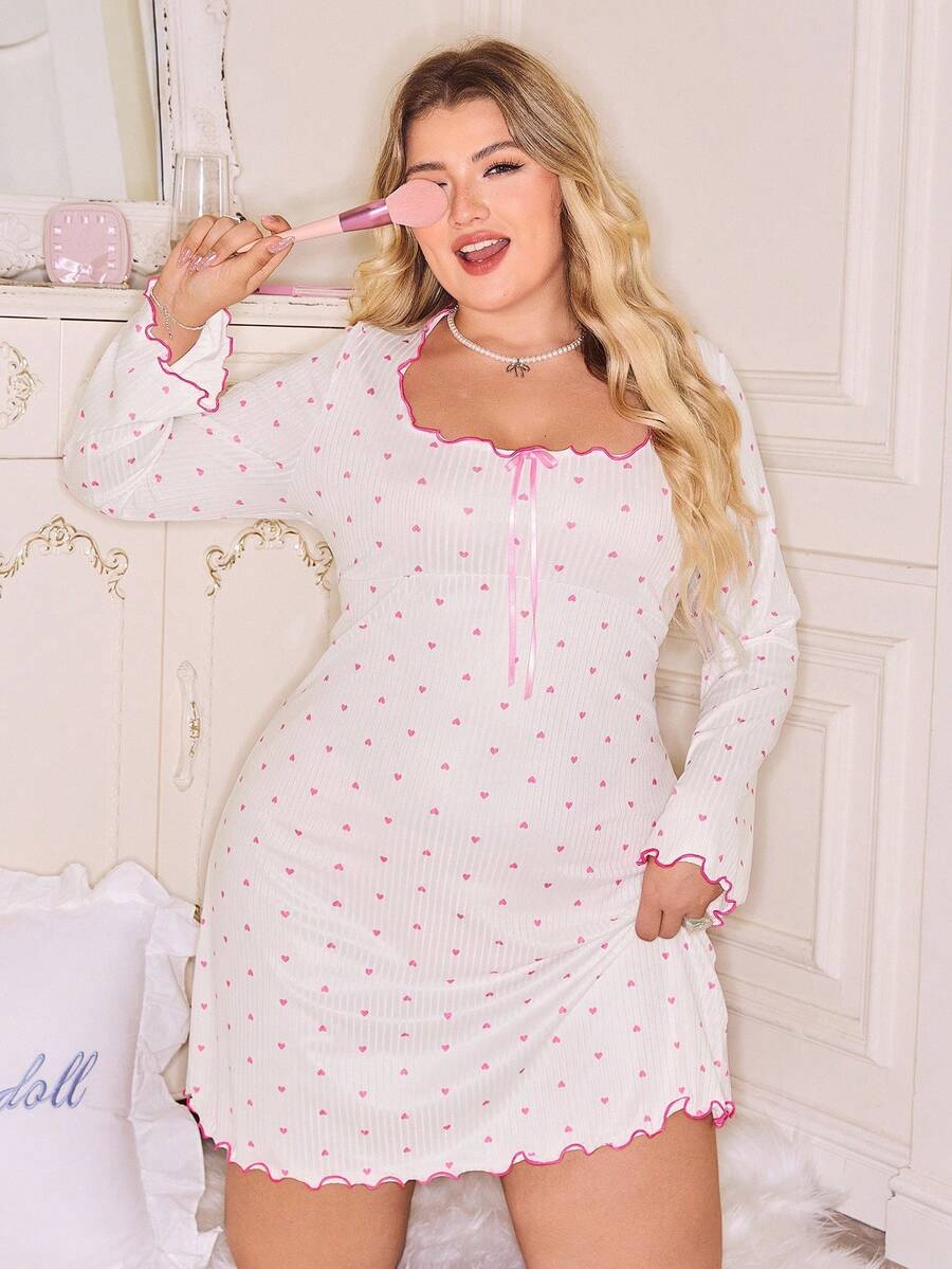 Slumberry CURVE Plus Size Sweet Ins Heart Print Ribbed Contrast Trim Comfortable Nightgown, Fall & Winter, Cozy Outfit - White - View 1