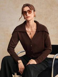 House of One Exaggerated Collar Cardigan Solid Sweater Women Autumn Winter Elegant Casual Wear