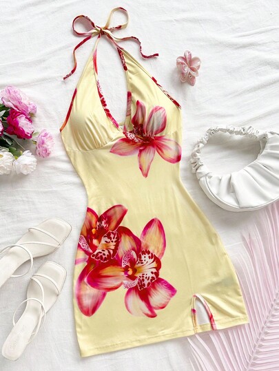 Soleia Women's Sexy Floral Print Backless Halter Mini Dress, Summer