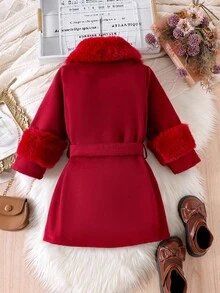SHEIN Elladie kids Young Girls Overcoat With Faux Fur Collar, Elegant & Cute, Suitable For Young Girl In Winter Fall - Burgundy - View 2
