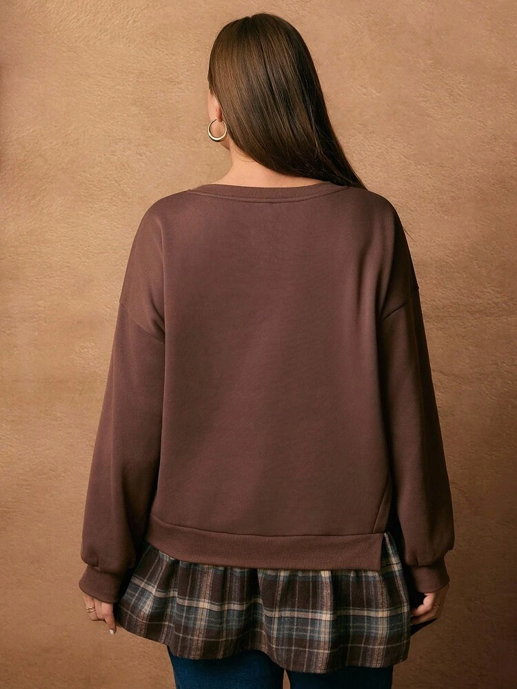 Plus Size Casual Plaid Patchwork Sweatshirt Plaid Sweatshirt Oversized Sweatshirt Ruffle Sweatshirt Brown Sweatshirt Women,Spring