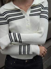 Chiquease Women's Casual Striped Button Half-Placket Long Sleeve Sweater, Autumn - White - View 5