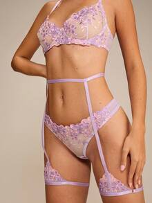 Enchnt 3 件套女士浅紫色性感内衣套装 - 淡紫色 - 查看 5