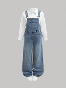 SHEIN Tween Girls  Fall/Winter Urban Street Cool Style Fashion Casual Korean Style Simple Basic Blue Denim Ripped Loose Fit Jumpsuit Overalls,For Girls Dailywear Costumes Fall/Winter Clothes And Back To School Clothes,Girls Streetwear Outfits,Girls Christmas Outfits,Tween Girls Denim Dress,10-Year-Old  Girls Denim Dress - Medium Wash - View 2