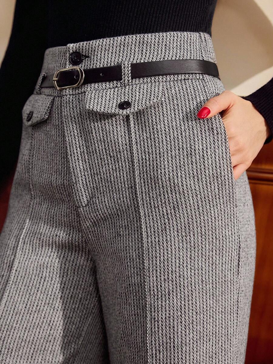 Vintamour 复古优雅女士长裤，带口袋、腰带和纽扣，休闲工作装，节日套装，秋冬圣诞灰色长裤 - 灰色 - 查看 1