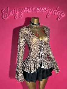 SHEIN Slayr 2025年秋季新款V领长袖喇叭袖系带前部不对称下摆褶饰豹纹休闲夏季女上衣 - 棕色 - 查看 5