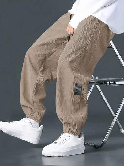 Manfinity EZcore Men's Letter Graphic Drawstring Waist Casual Jogger Khaki Pants, Fall Winter , Corduroy