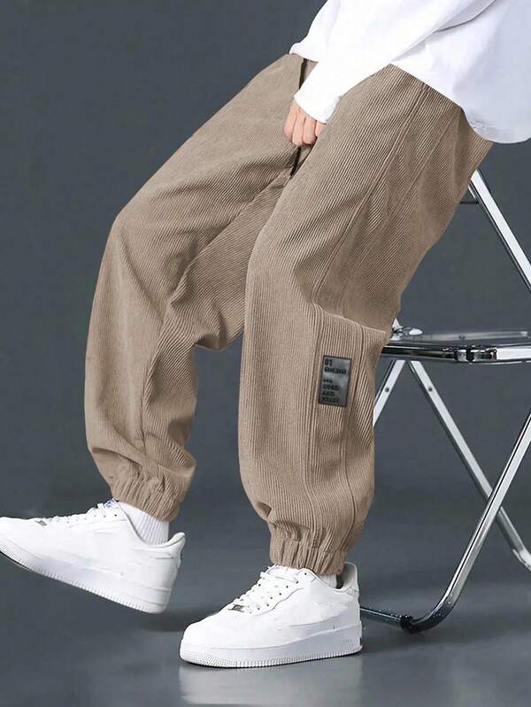 Manfinity EZcore Men's Letter Graphic Drawstring Waist Casual Jogger Khaki Pants, Fall Winter , Corduroy