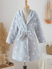 Young Boy Minimalist Football Print Long Sleeve Hooded Tie-Front Comfortable Robe Kids Bathrobe Fall Winter - Multicolor - View 3